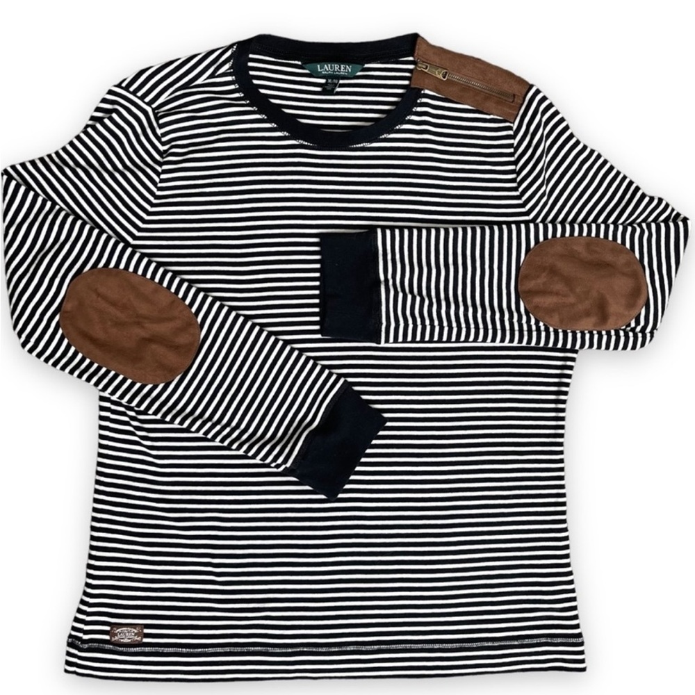 Lauren Ralph Lauren-M-Striped Black& 
White-L/S, zipper detail, elbow patch, top